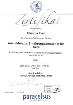 Zertifikat Ernährungsberatung für Hunde und Katzen Claudia Eret